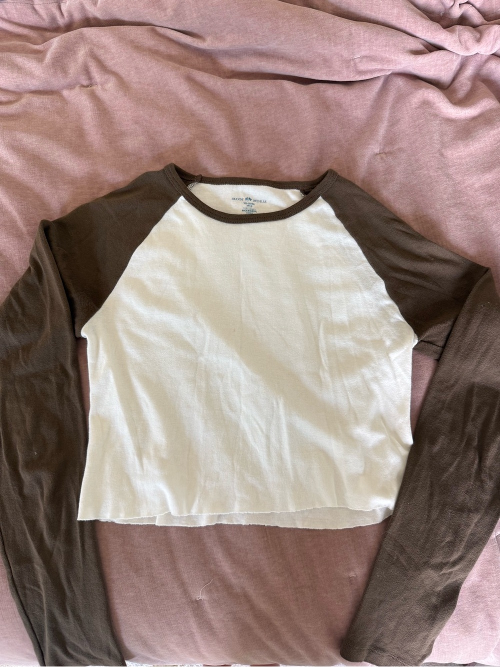 Brandy Melville Long-Sleeve Cropped Cream Tee with Brown Trim